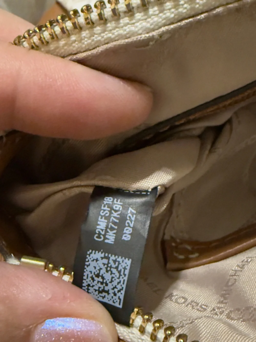 Michael Kors Beige Signature Logo and Tan Leather Satchel